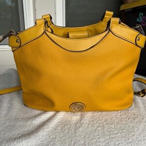 Anne Klein Mustard Yellow Top or Crossbody purse with two zipper compartments.